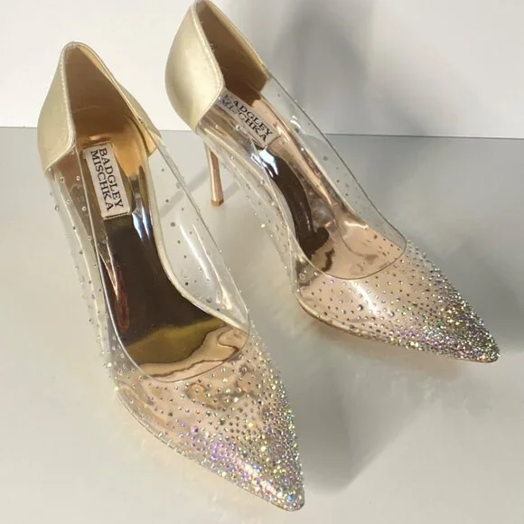 Badgley Mischka Gisela Rhinestone Clear PVC & Satin Stiletto Heels, size 9.5 - Picture 2 of 12